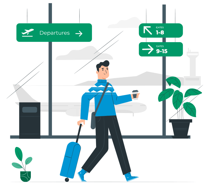 Traveler with a suitcase at an airport departures gate